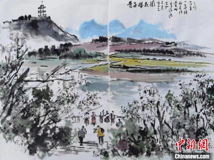 图为台湾知名画家李沃源画的贵安樱花园。　周燕玲 摄